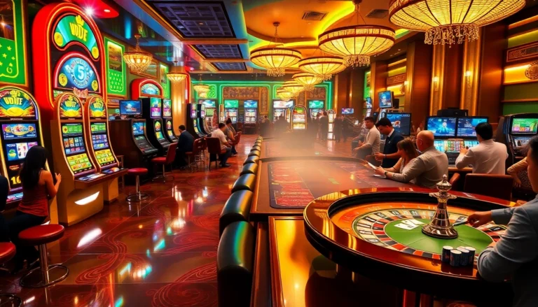 Exciting casino atmosphere with gamblers at https://okfun.accountant/ enjoying poker, slots, and roulette.