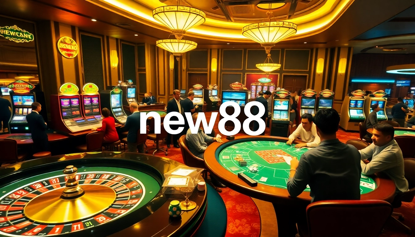 Experience the thrill of new88 chính thức with intense gameplay at a dynamic casino, showcasing vibrant tables and engaged players.