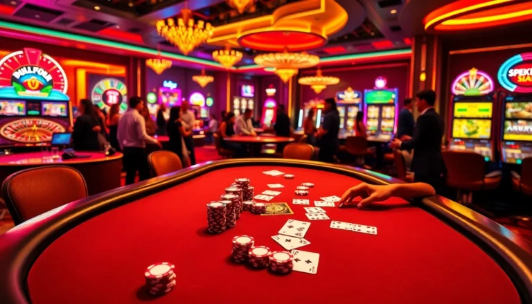 Experience the thrill of F8bet Casino with vibrant poker tables, colorful chips, and lively roulette!