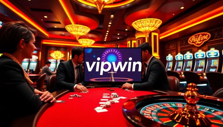 A luxurious casino scene showcasing players enjoying vipwin games with poker chips and roulette wheel.